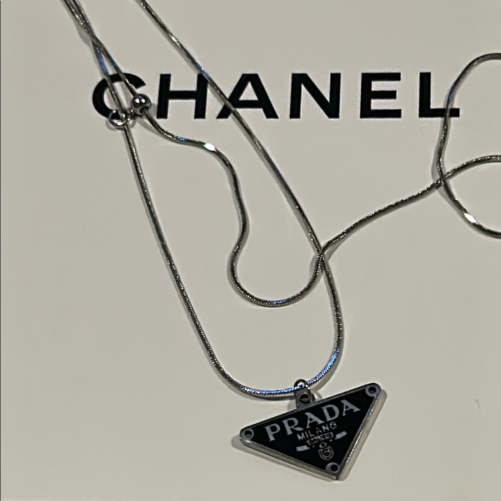 Prada Fashion  Black and Silver Logo Pendant Necklace - Picture 2 of 8